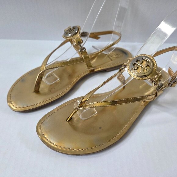 Tory Burch Ali Sandals Womens 8.5 Metallic Gold Leather Ankle Strap Thongs - Picture 4 of 10
